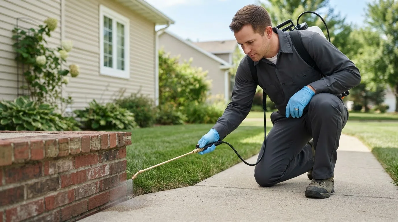Pest control technician treating a home near Fayetteville, NC