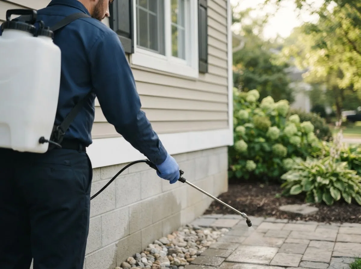 Pest control technician inspecting a home in Fayetteville, NC